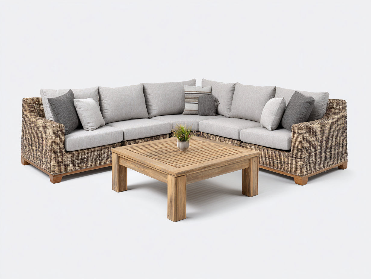 Gartensofa Polyrattan 260x260x75 cm - Naturgrau-Hellgrau - mit Holztisch für Außenbereich