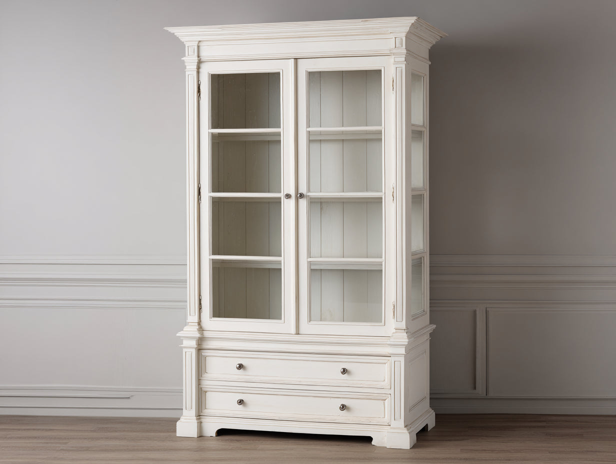 Vitrinen Holz und Glas 110x45x200 cm - Cremeweiß - Landhausstil für Wohnzimmer