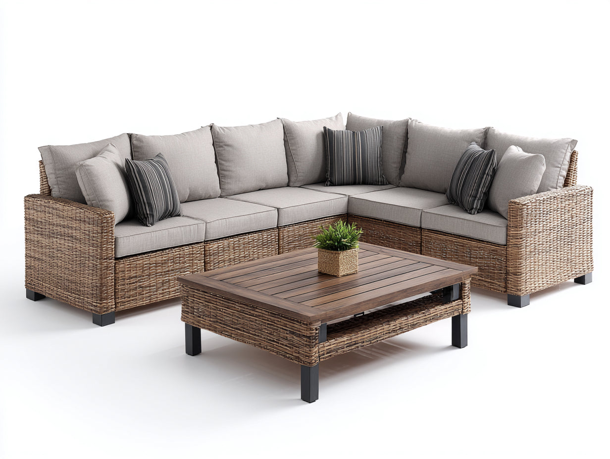 Gartensofa aus Polyrattan 285 x 225 x 76 cm - Braun Grau und Schwarz - Eckdesign mit Gartentisch