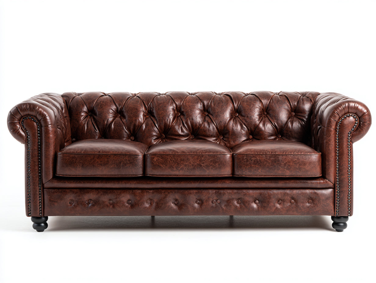 3 Sitzer Sofas Kunstleder 220x90x76 cm - Braun - Chesterfield Stil für Wohnzimmer