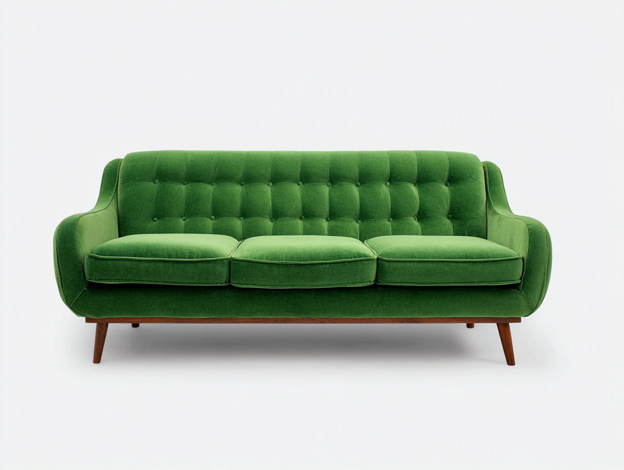 3 Sitzer Sofas aus Samtstoff 215 x 90 x 85 cm - Grün und Dunkelbraun - Retrodesign mit Knopfheftung