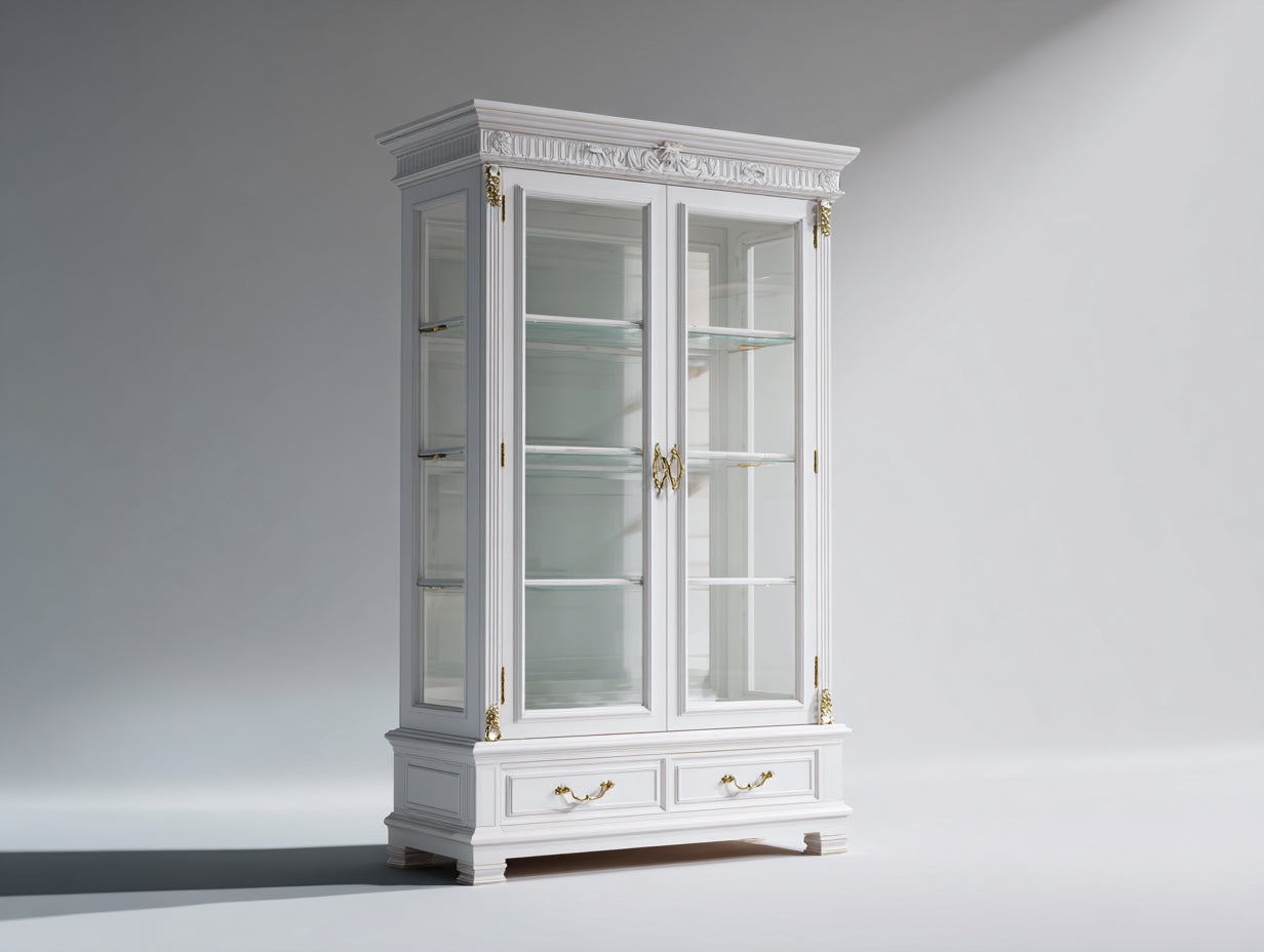 Vitrinen aus Holzwerkstoff und Glas 110 x 42 x 198 cm - Weiß Gold - Klassisches Design mit 2 Glastüren und 2 Schubladen für Esszimmer und Küche