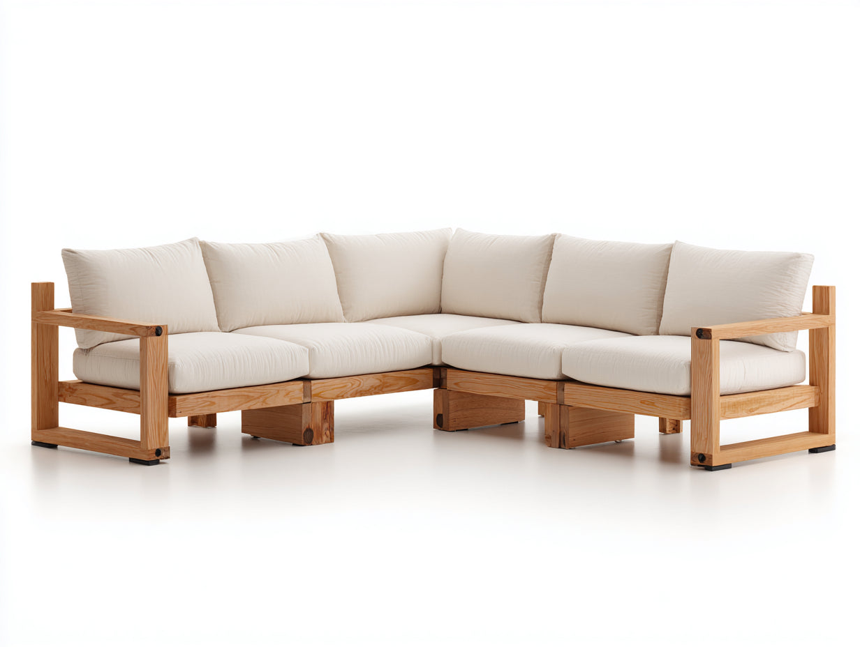 Gartensofa Holz 260x260x75 cm - Natur und Creme - L Form mit Polstern