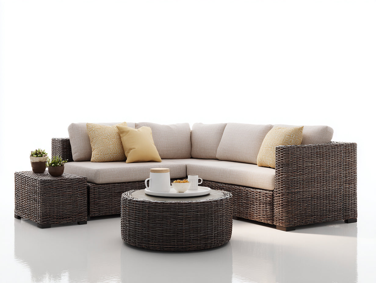 Gartensofa Set aus Polyrattan 230 x 200 x 75 cm - Dunkelbraun Beige - Modulares Eckdesign mit rundem Gartentisch und Beistelltisch für Terrasse und Garten