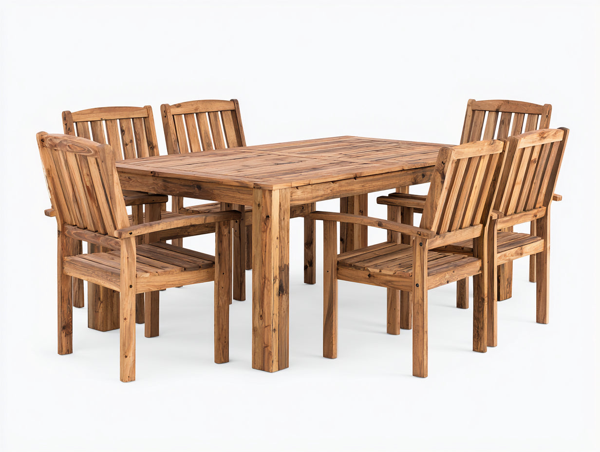 Garten Essgarnituren Massivholz 160x90x75 cm - Naturholz - Tisch mit 6 Armlehnstühlen