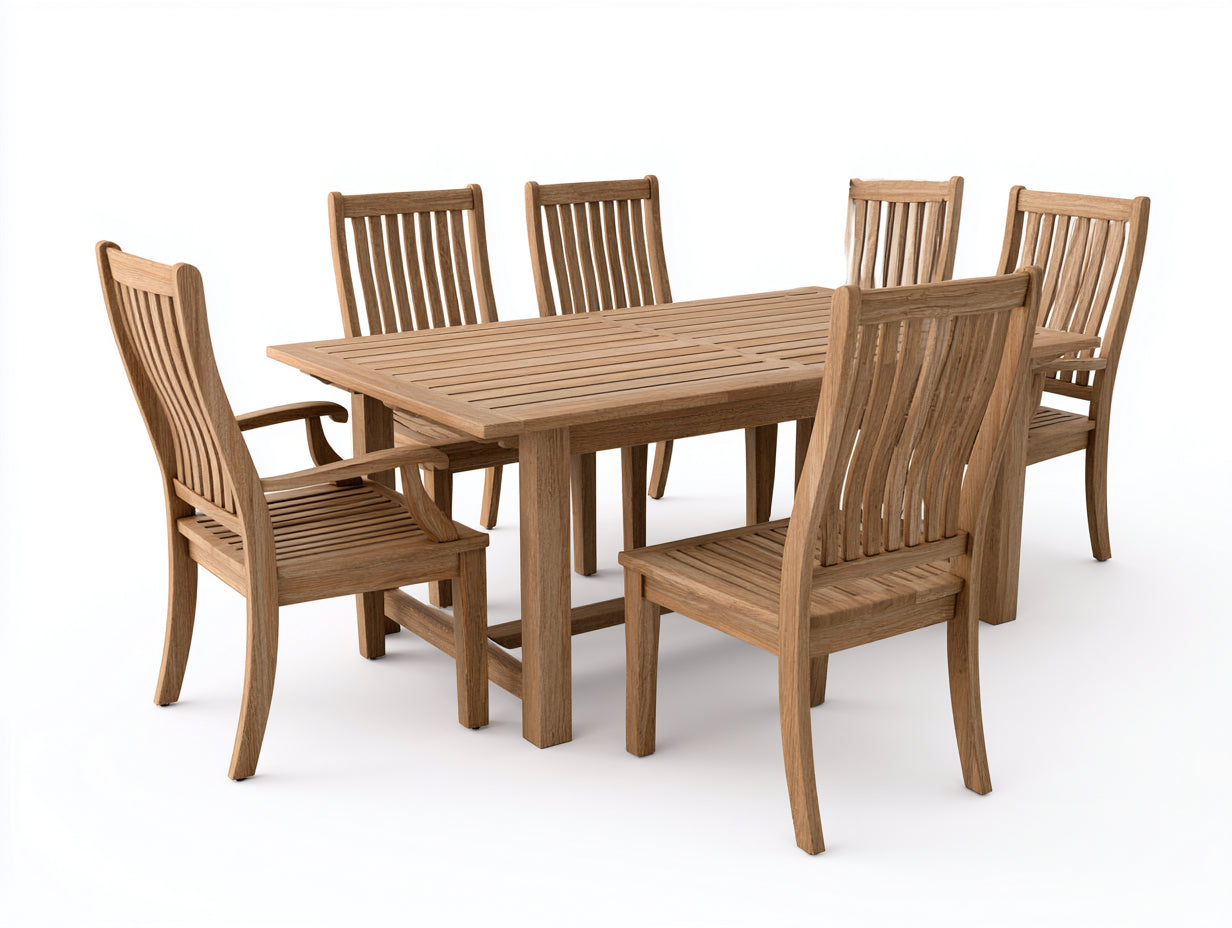 Garten Essgarnituren 7-teilig aus Massivholz 180 x 90 x 75 cm - Naturbraun - Rechteckiger Esstisch mit 6 Stühlen für Terrasse und Garten