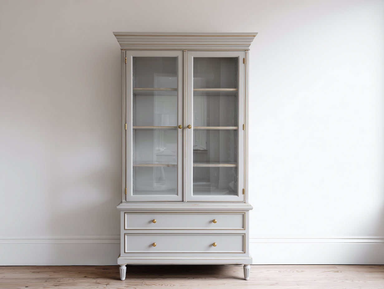 Vitrinen Holzwerkstoff und Glas 120x45x190 cm weiß für Wohnzimmer - klassisch mit 2 Glastüren und 2 Schubladen