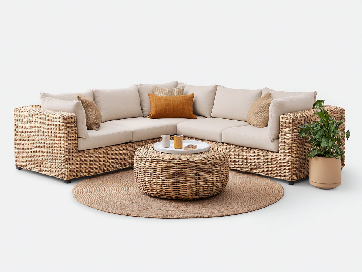 Gartensofa Polyrattan 250x250x72 cm - Natur-Beige - mit rundem Couchtisch für Außenbereich