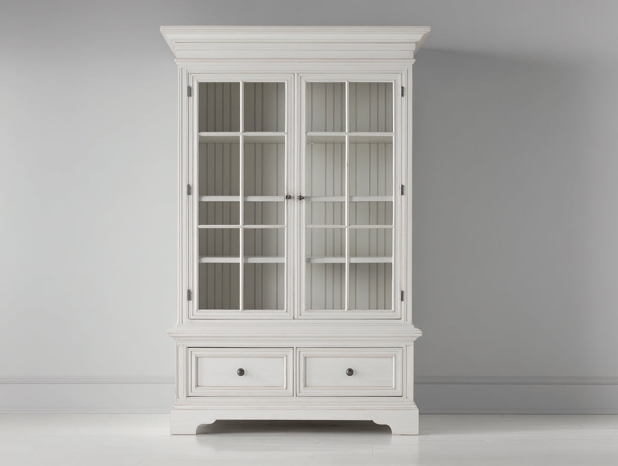 Vitrinen aus Holz und Glas 120 x 45 x 210 cm - Weiß - Landhausstil mit 2 Glastüren und 2 Schubladen