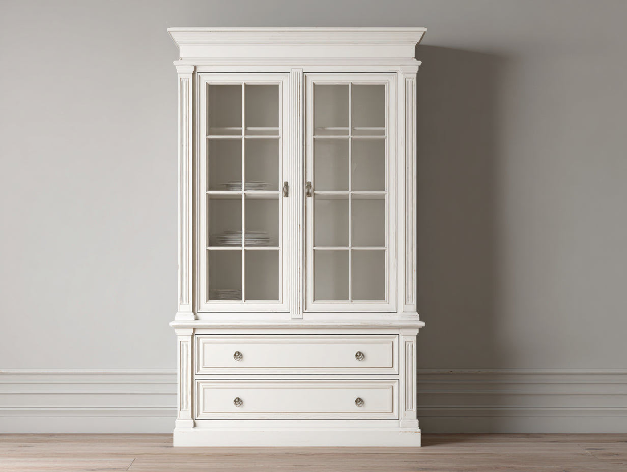 Vitrinen aus Holzwerkstoff und Glas 120 x 45 x 205 cm - Weiß - Klassischer Landhausstil mit 2 Glastüren und 2 Schubladen für Esszimmer und Küche