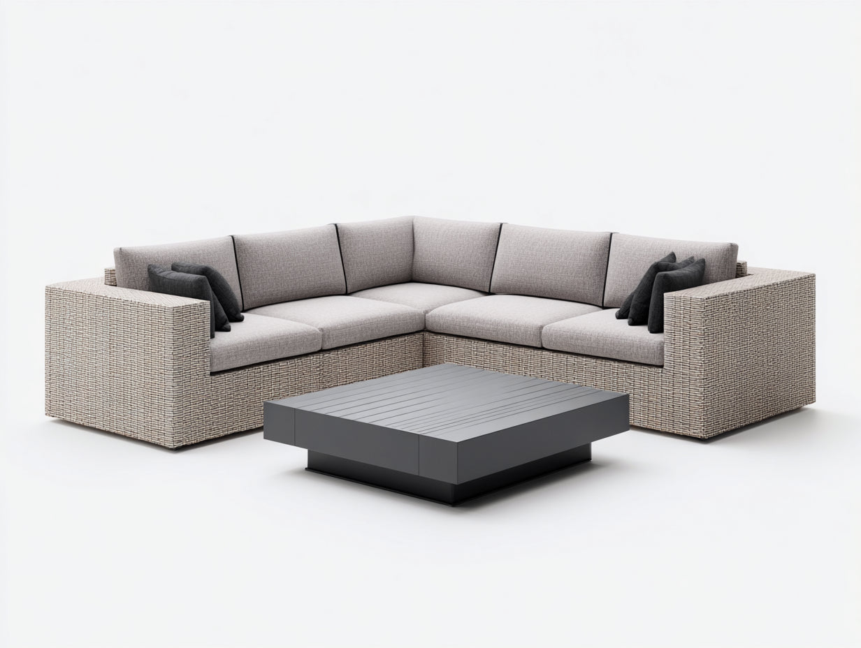 Gartensofa Polyrattan 280x280x76 cm - Beige und Grau - Eckform mit Gartentisch