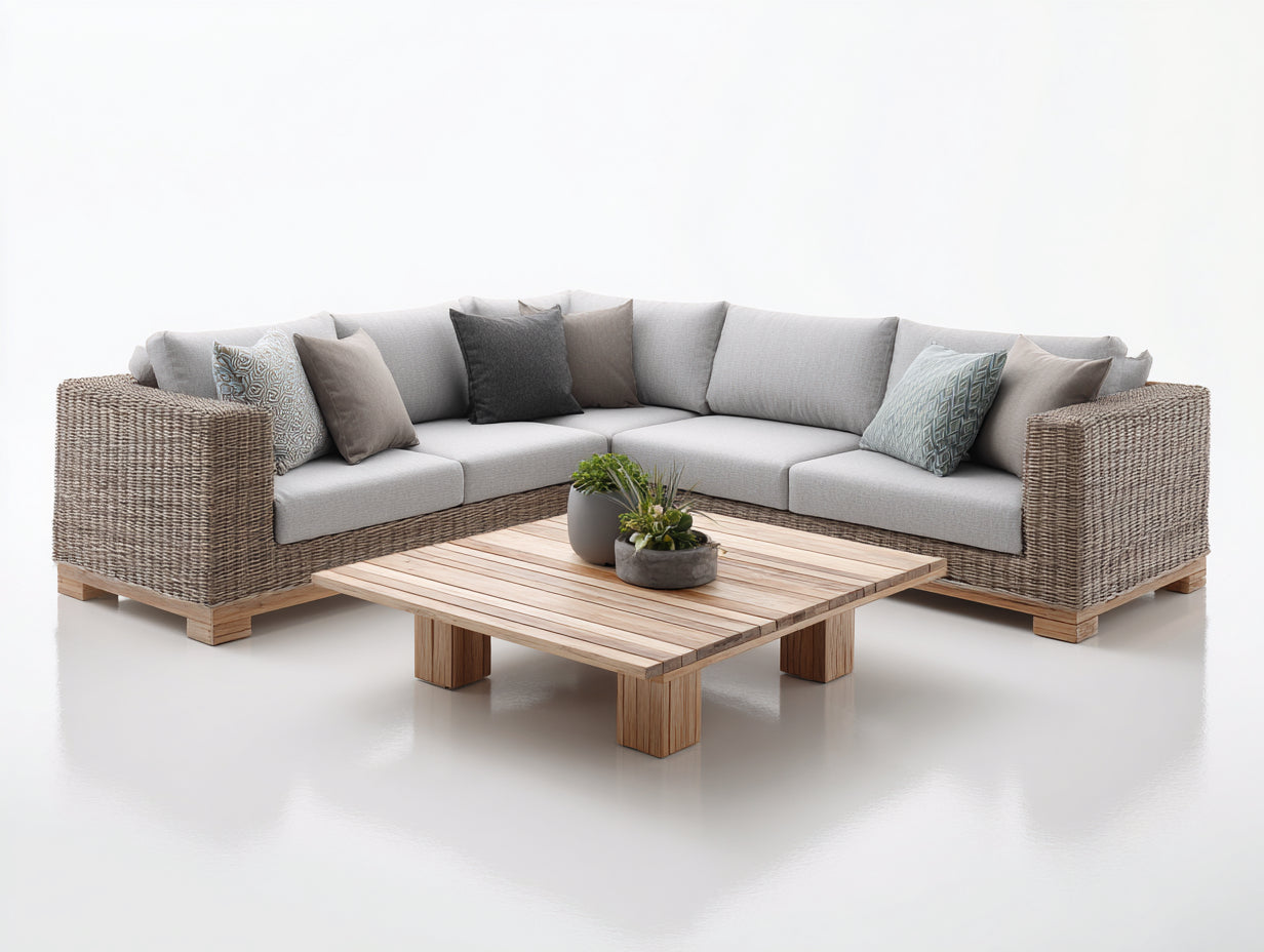 Gartensofa Polyrattan und Holz 260x260x68 cm grau für Garten und Terrasse - L-Form mit Couchtisch