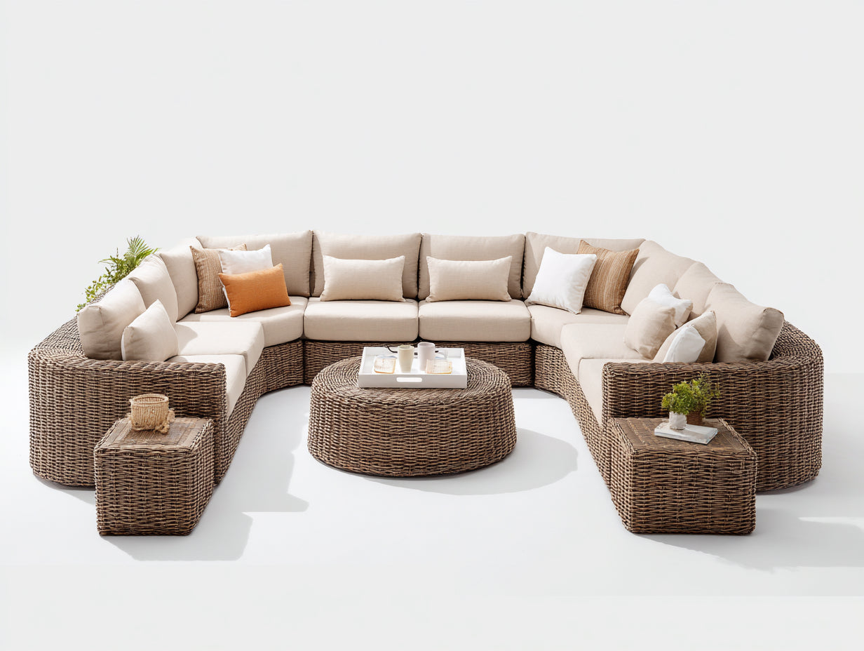Gartensofa Polyrattan 330x260x82 cm - Natur und Beige - U Form mit 3 Gartentischen