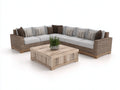 Gartensofa aus Polyrattan und Holz 300 x 300 x 75 cm - Braun Hellgrau und Natur - Eckdesign mit Gartentisch