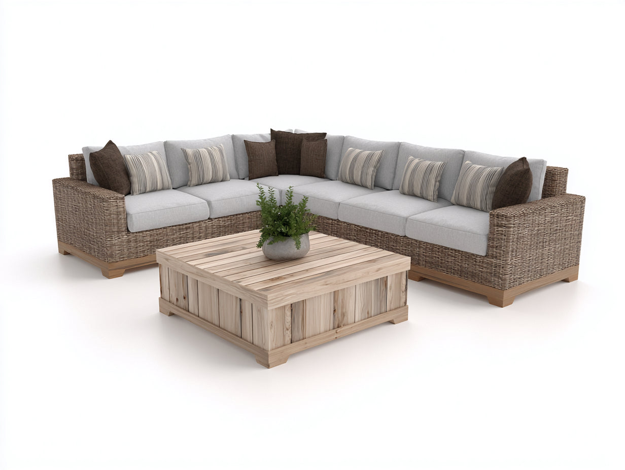Gartensofa aus Polyrattan und Holz 300 x 300 x 75 cm - Braun Hellgrau und Natur - Eckdesign mit Gartentisch