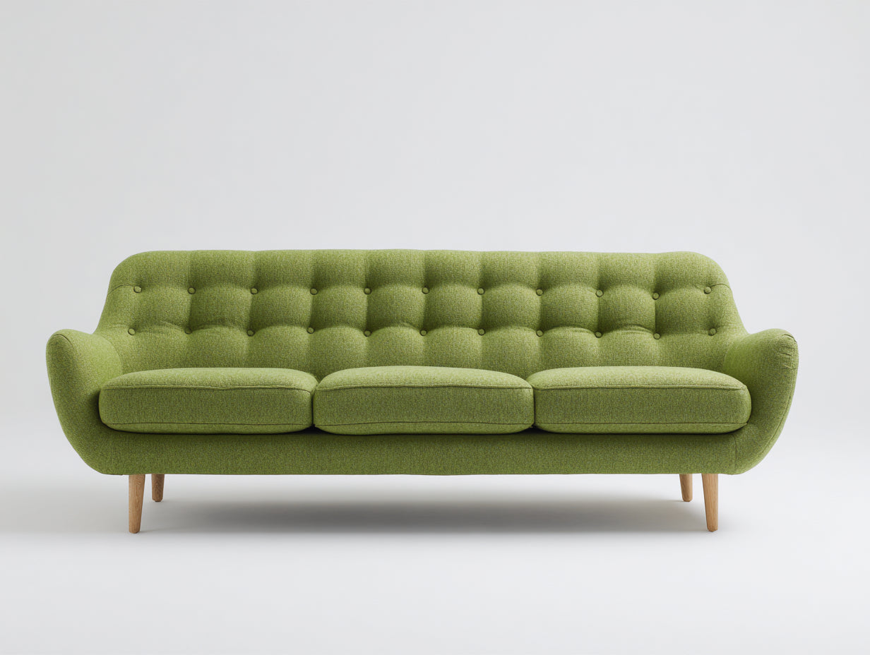 3 Sitzer Sofas aus Strukturstoff 224 x 88 x 84 cm - Grün Natur - Retro Design mit Knopfheftung für das Wohnzimmer