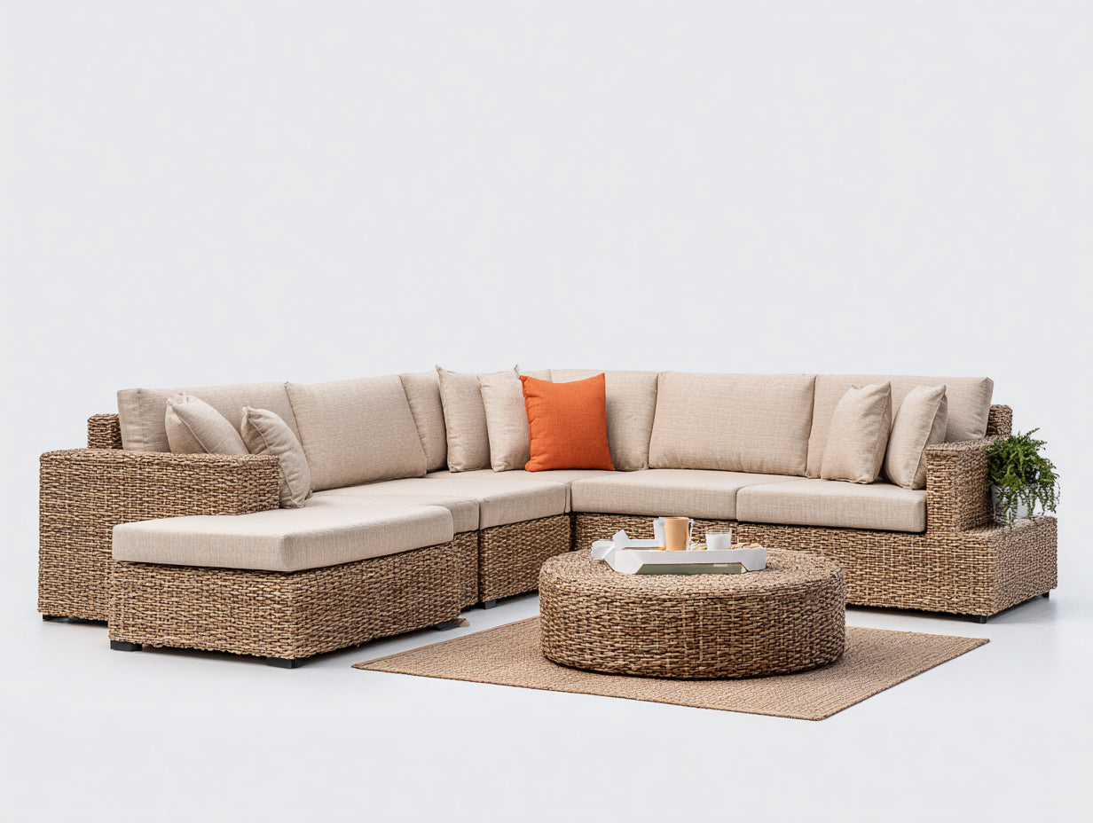 Gartensofa aus Polyrattan 295 x 225 x 75 cm - Braun und Beige - L-förmiges Design mit rundem Gartentisch
