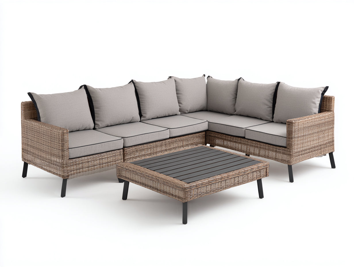 Gartensofa Set aus Polyrattan und Metall 255 x 210 x 78 cm - Naturbraun Hellgrau Schwarz - Modernes Eckdesign mit Gartentisch für Terrasse und Garten