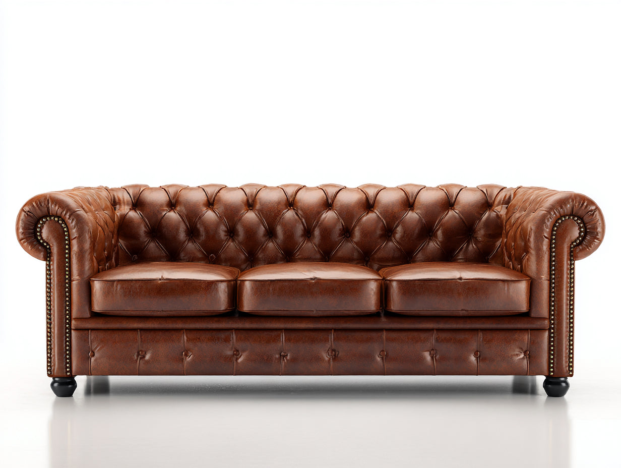 3 Sitzer Sofas Kunstlederoptik 220x88x76 cm braun für Wohnzimmer - Chesterfield-Stil mit Knopfheftung
