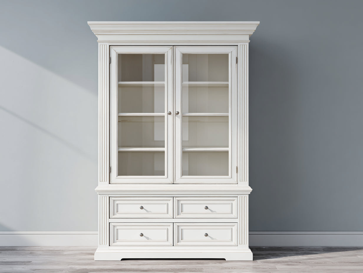 Vitrinen Holzwerkstoff 110x45x200 cm - Weiß - mit 2 Glastüren und 4 Schubladen