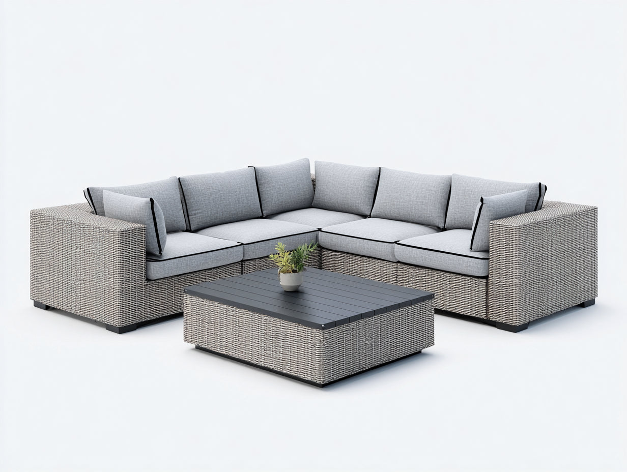 Gartensofa Polyrattan und Aluminium 260x260x70 cm hellgrau für Garten und Terrasse - L-Form mit Couchtisch