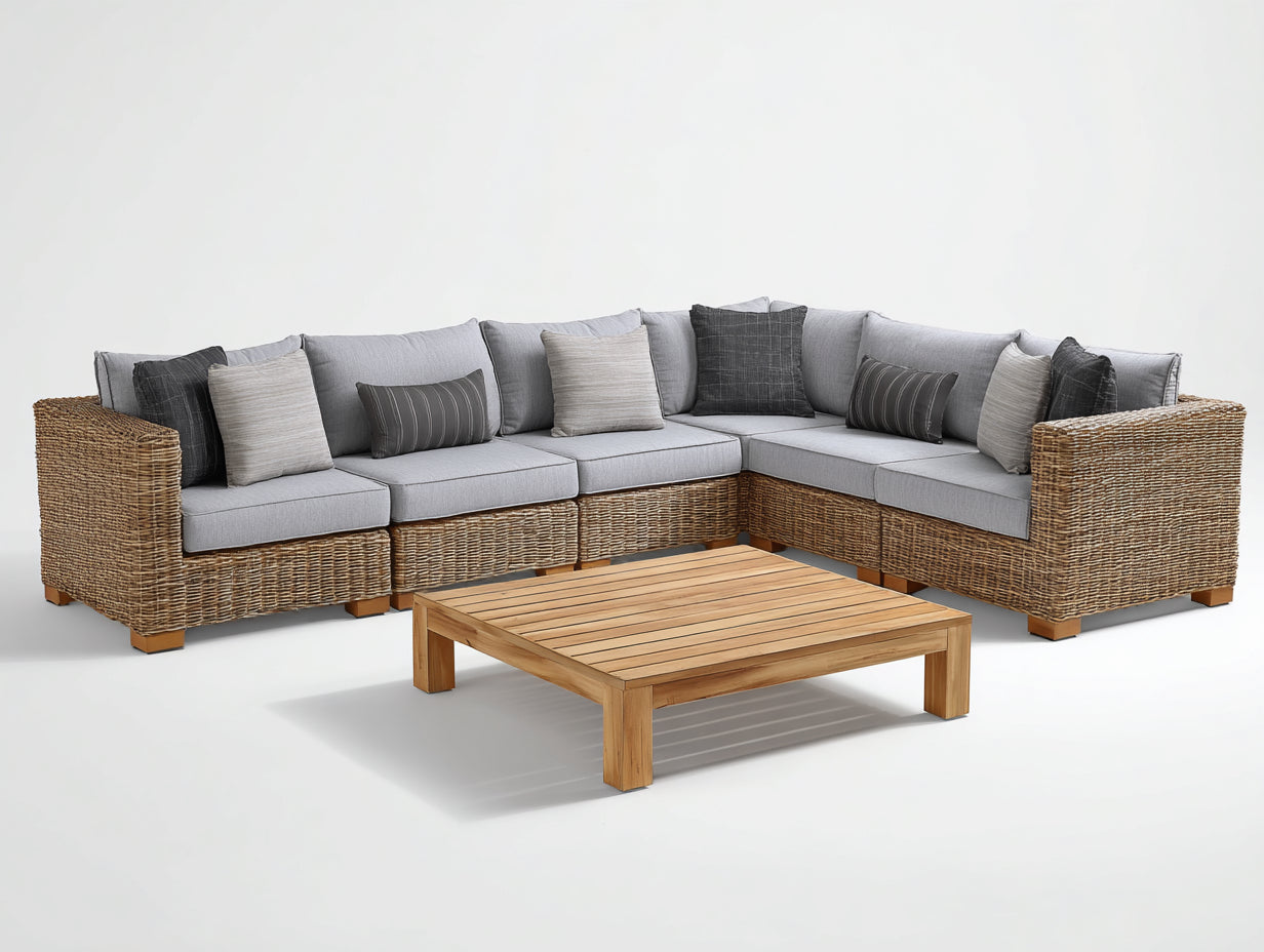 Gartensofa Polyrattan 270x270x82 cm - Natur und Grau - L Form mit Gartentisch