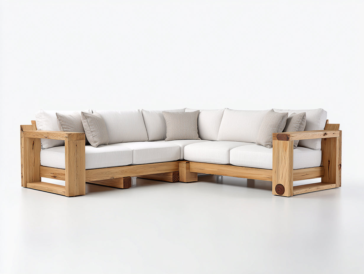 Gartensofa Holz und Webstoff 260x260x70 cm naturweiß für Garten und Terrasse - L-Form mit breiten Armlehnen