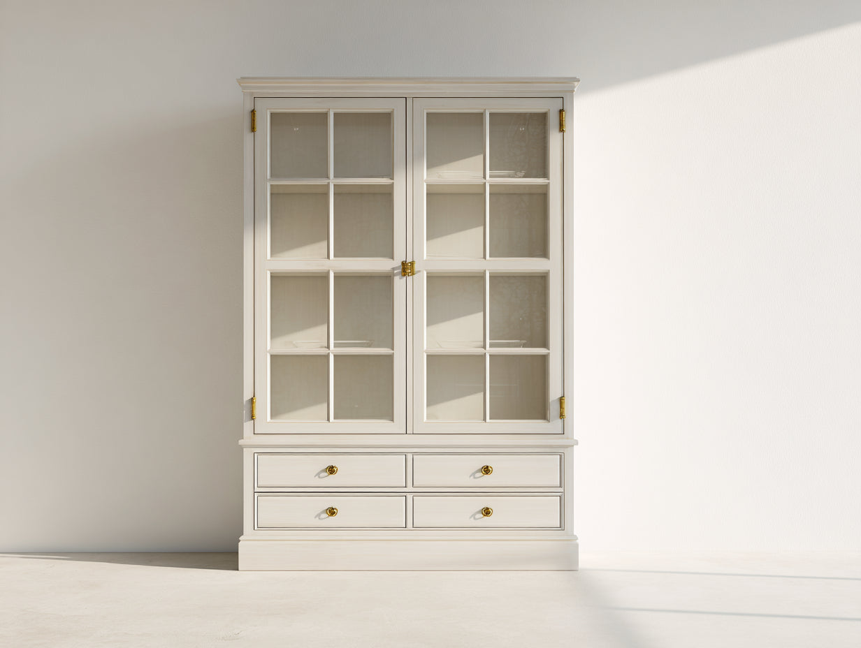 Vitrinen Holz und Glas 106x42x180 cm - Cremeweiß-Gold - Landhausstil für Esszimmer